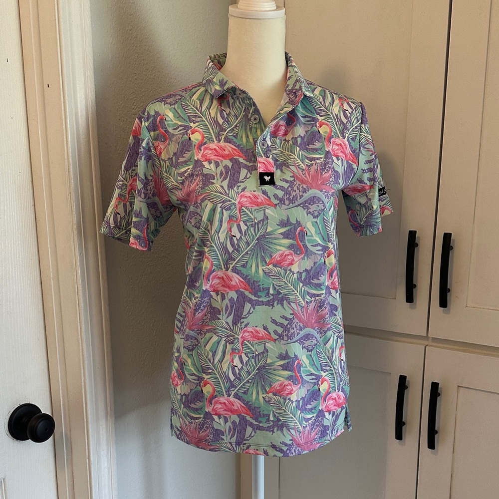 Bad Birdie Pink Flamingo Tropical Print Golf Polo in Mint and Lavender